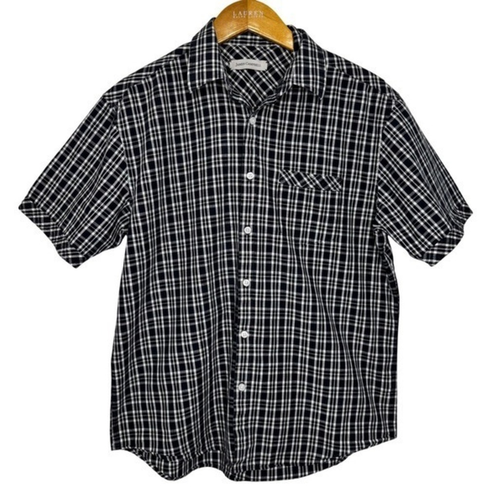 James Campbell Short Sleeve Black/White Plaid Shirt‎ Mens Large